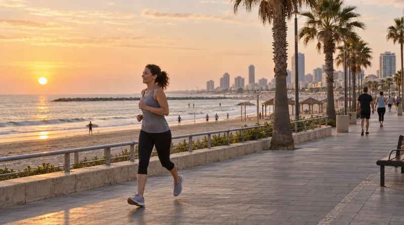 אישה רצה בטיילת לאורך חוף הים בשקיעה, עם עצי דקל ובניינים ברקע