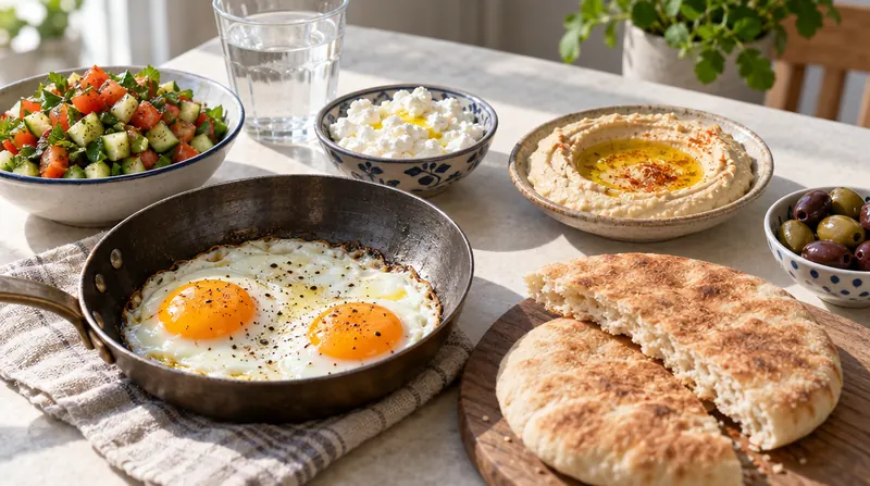 ארוחת בוקר ישראלית: ביצי עין, סלט ירקות קצוץ, קוטג׳, חומוס, פיתה וזיתים